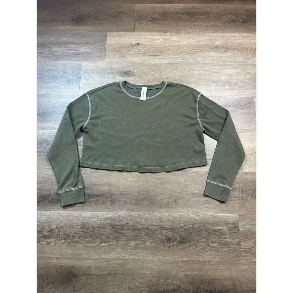 Abound T Shirt Womens L Green Long Sleeve Stretch Cropped Casual Waffle Knit - Picture 1 of 5